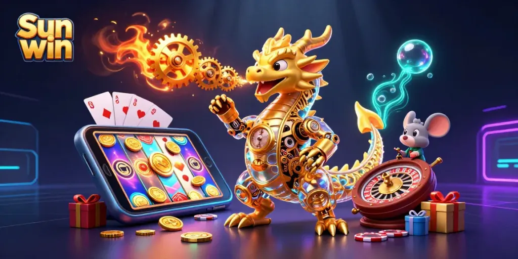 Engage with the exhilarating Sun win experience featuring a golden dragon and vibrant casino elements.
