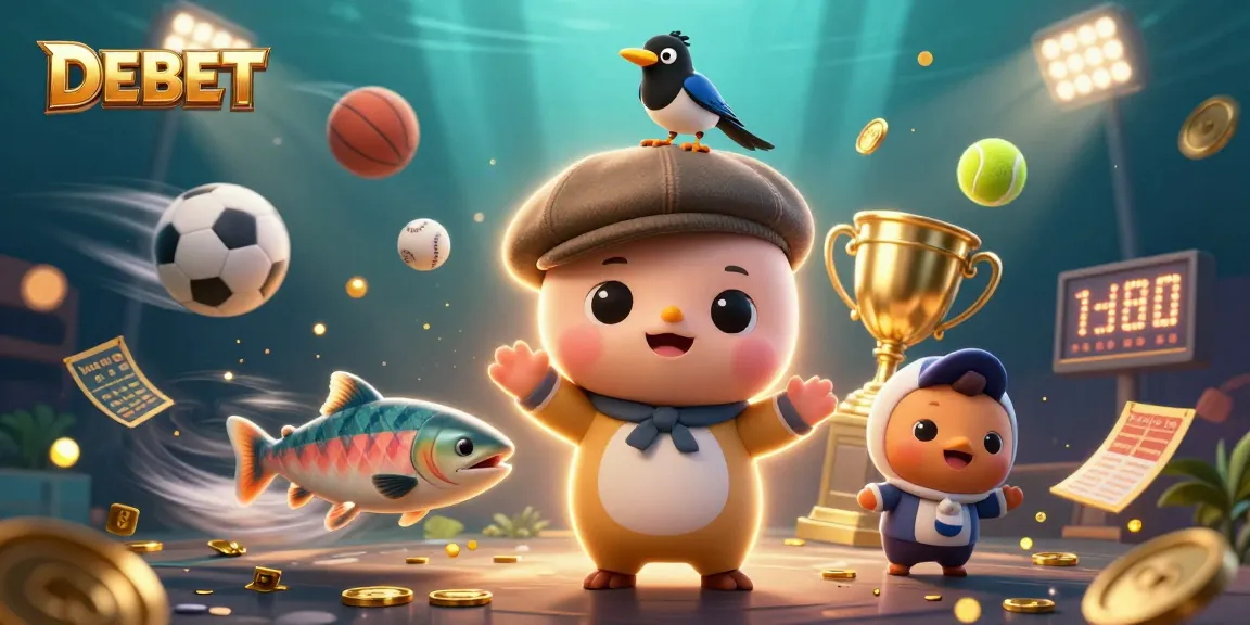 Experience DEBET with a vibrant 3D casino illustration featuring playful characters and dynamic sports elements.