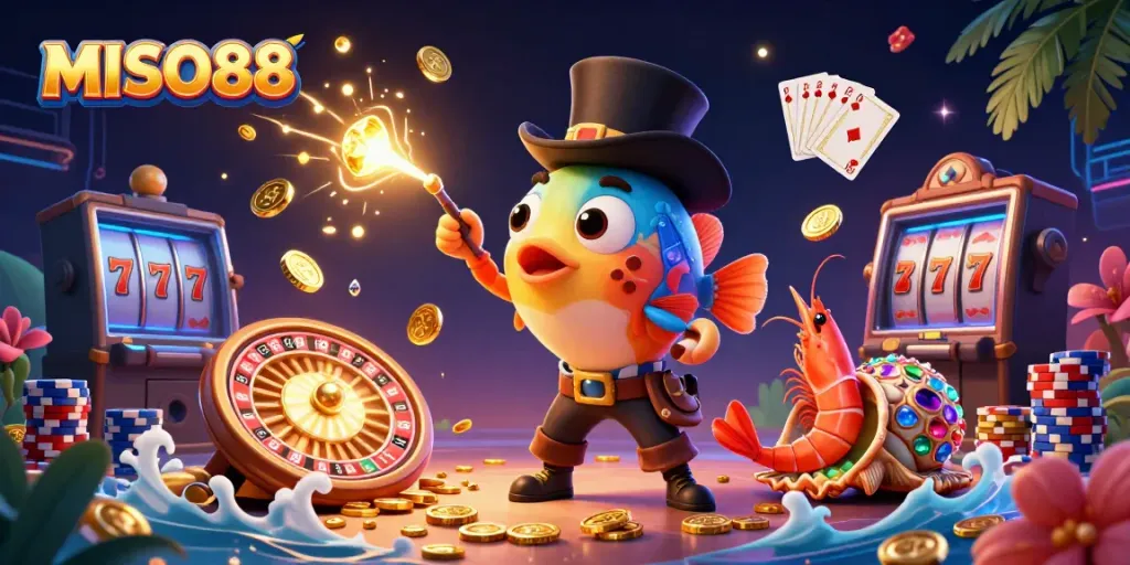 Experience MISO88's thrilling gaming atmosphere with vibrant characters and sparkling casino elements.