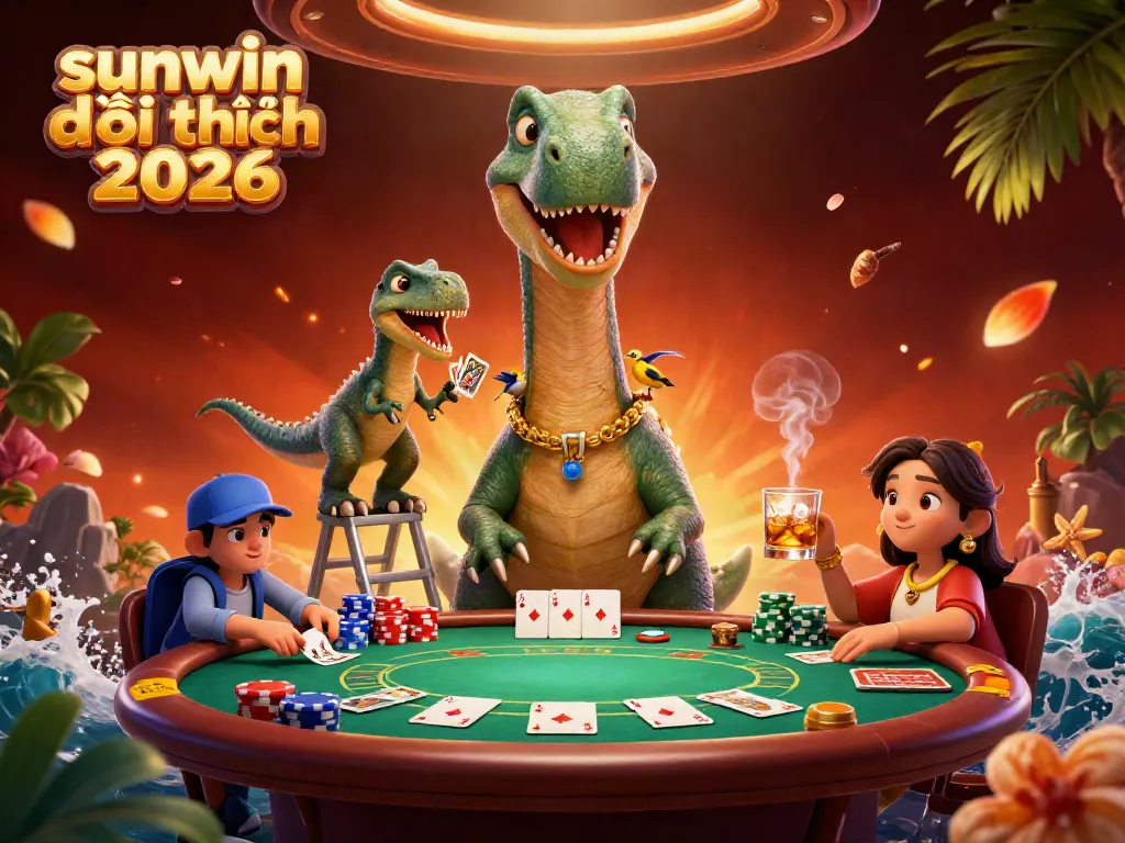 Experience the vibrant action at sunwin đổi thưởng 2026 with a playful brontosaurus overseeing a dynamic poker table.
