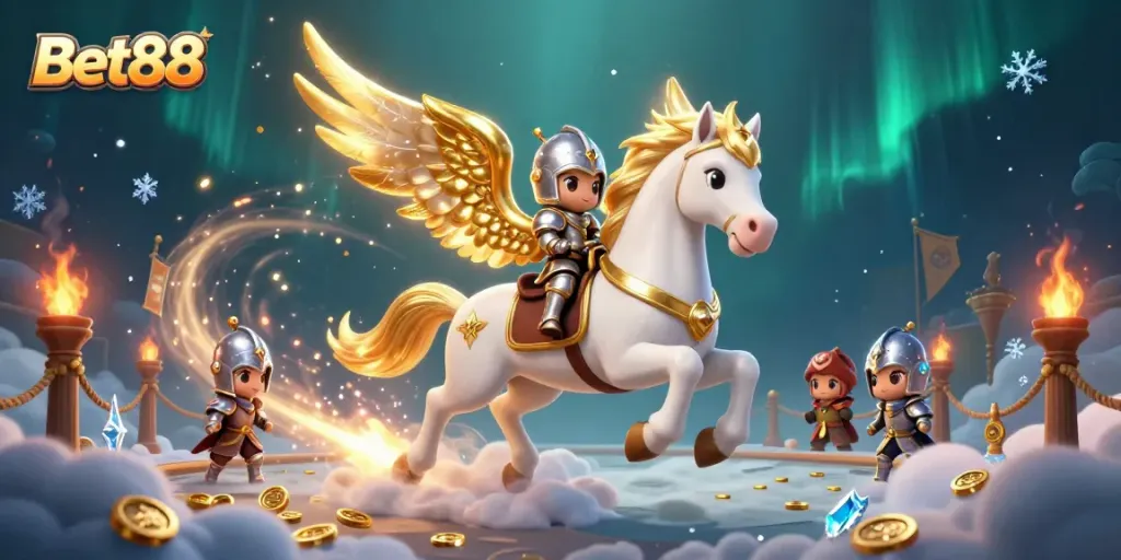 Engage in thrilling gaming adventures at Bet88 as a celestial knight rides into a vibrant casino realm.