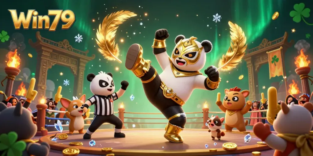 Win79 showcases a vibrant casino allegory featuring a panda wrestler in action and lively animal spectators.
