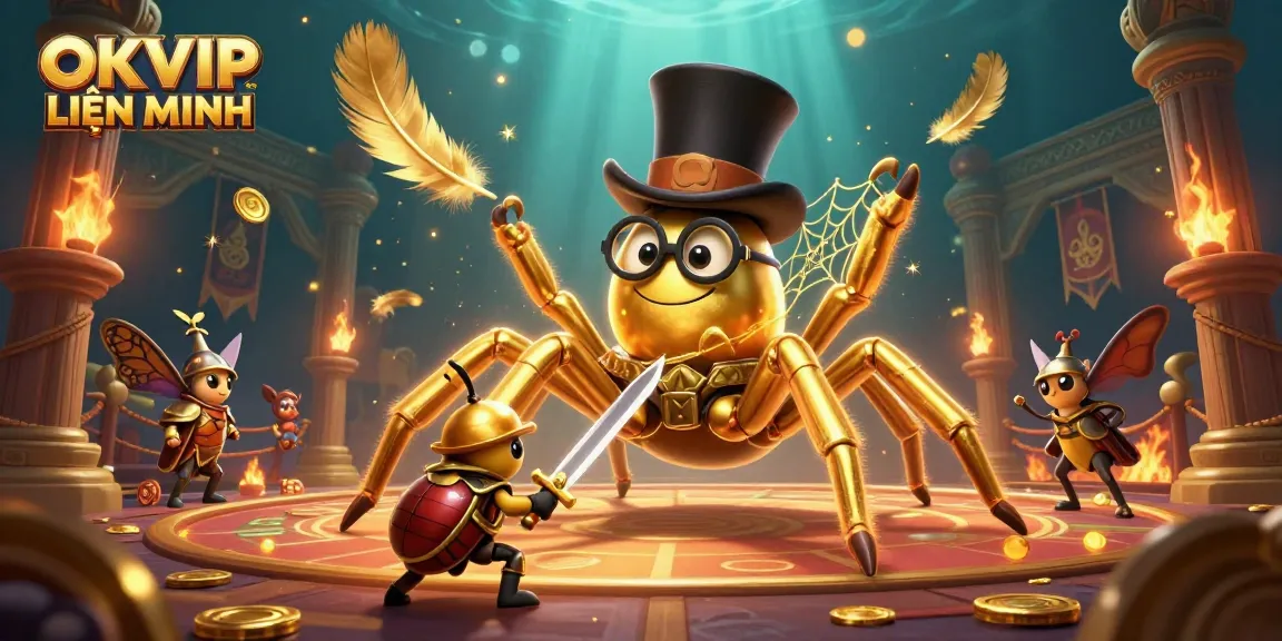 Engage in fun and thrilling moments at OKVIP LIÊN MINH featuring a golden tarantula and adventurous beetle knight in an exciting casino setting.