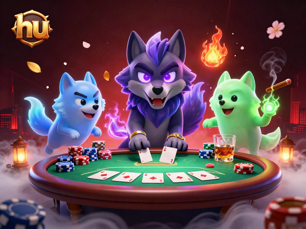 Engage in thrilling poker action with hu's wolf-themed 3D casino illustration showcasing vibrant game elements.