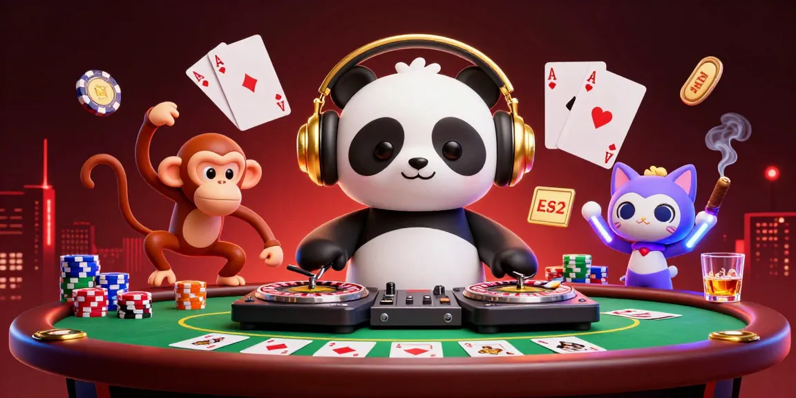 Engage in thrilling poker action with OKWIN's vibrant illustration featuring a DJ panda, animated monkey, and kitten.