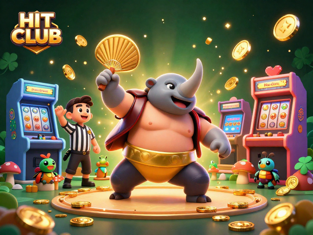 Join the excitement at HIT CLUB as the sumo beetle sends coins flying amidst vibrant game machines.