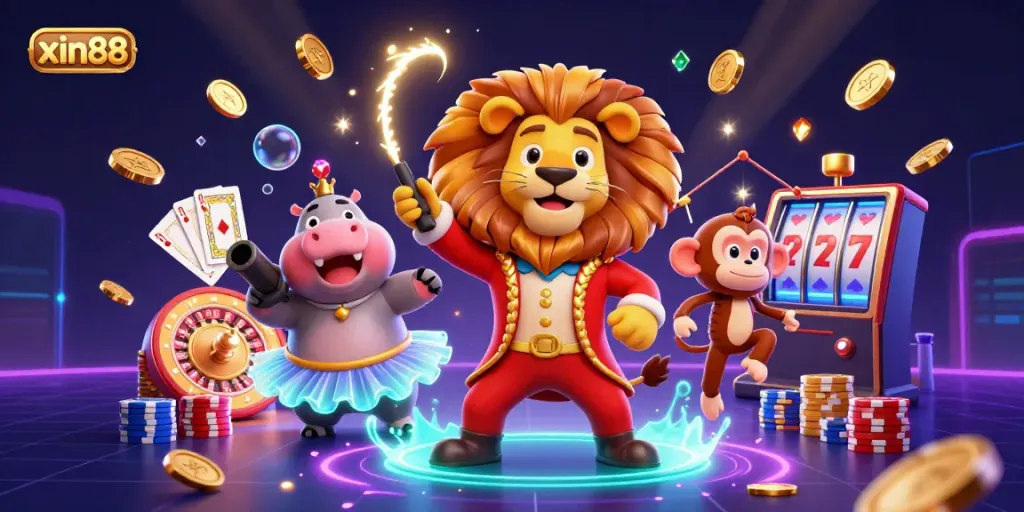 Experience exhilarating gameplay at xin88 with cartoon characters and casino elements in a vibrant 3D illustration.