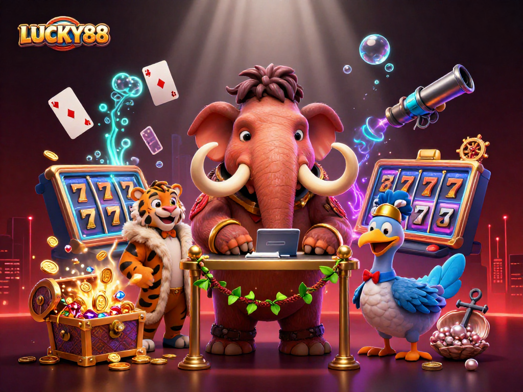Engage with LUCKY88's dynamic casino experience featuring unique characters and vibrant game elements.