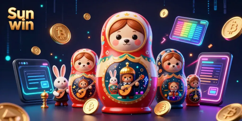 Experience the excitement of Sun win with vibrant casino characters amidst Bitcoin and Ethereum symbols.