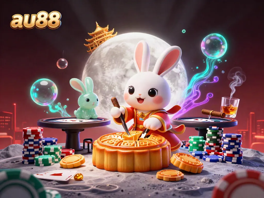 Experience the thrill of gaming with au88's moon rabbit and poker scene filled with vibrant details.
