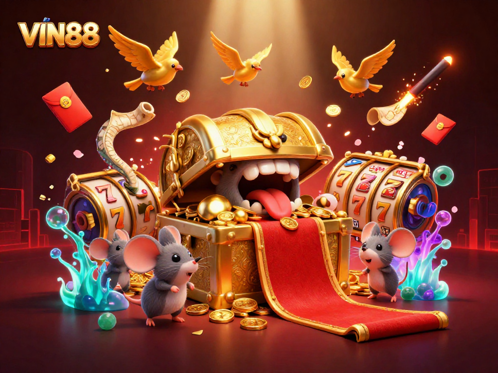 Experience the thrill of winning at VIN88 with a dynamic slot-inspired scene filled with riches and adventure.