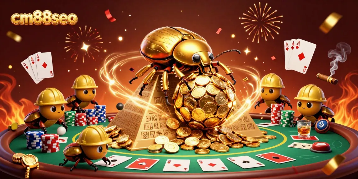 Engage in massive wins at cm88seo with vibrant casino scene showcasing golden beetles and poker elements.