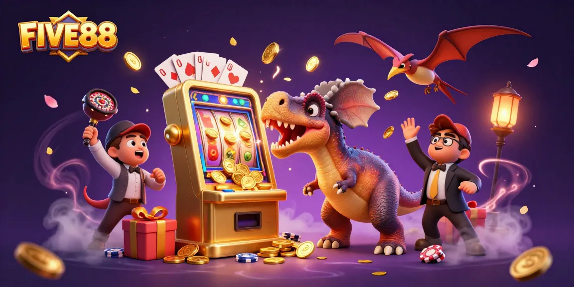 FIVE88: Cartoon dinosaurs engaging in a thrilling jackpot scene in a vibrant casino.