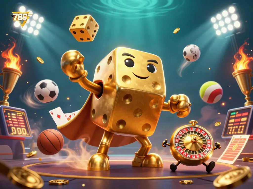 Experience thrilling 789F action with a dynamic golden dice golem juggling wealth in this vibrant casino scene.