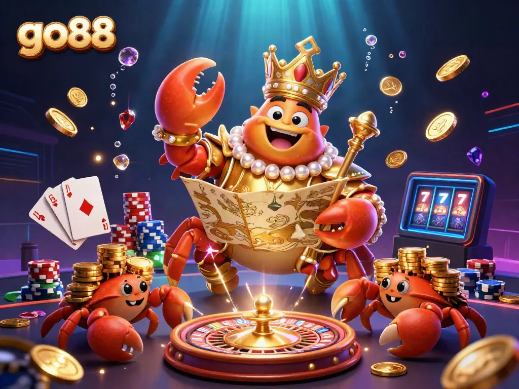 Join the adventure in go88 with a golden crab emperor amidst cascading coins and dazzling casino elements.