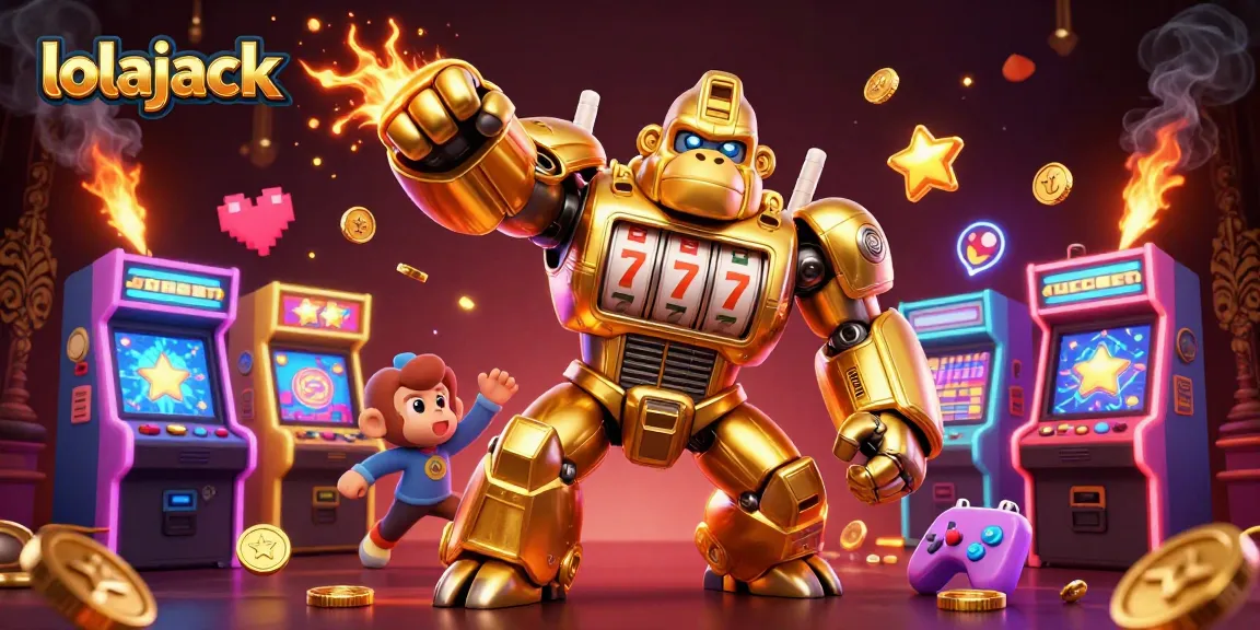 Experience the thrilling world of lolajack with a dynamic 3D casino illustration featuring a gorilla mech and colorful game elements.