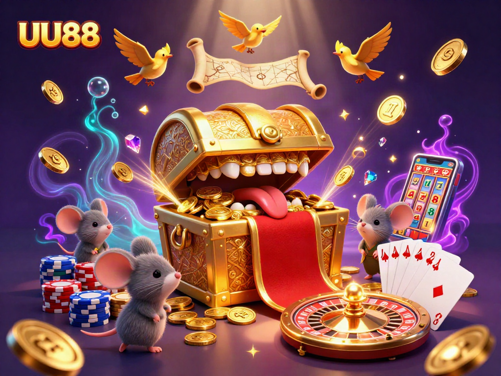 UU88 casino illustration showcasing a golden treasure chest attracting adventurer mice amidst spinning roulette and vibrant casino elements.