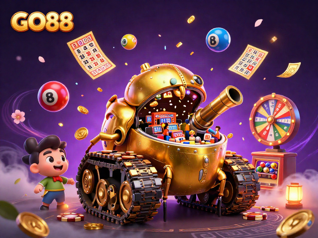 Experience GO88's vibrant casino world with a golden beetle tank, dynamic games, and confetti celebrations.