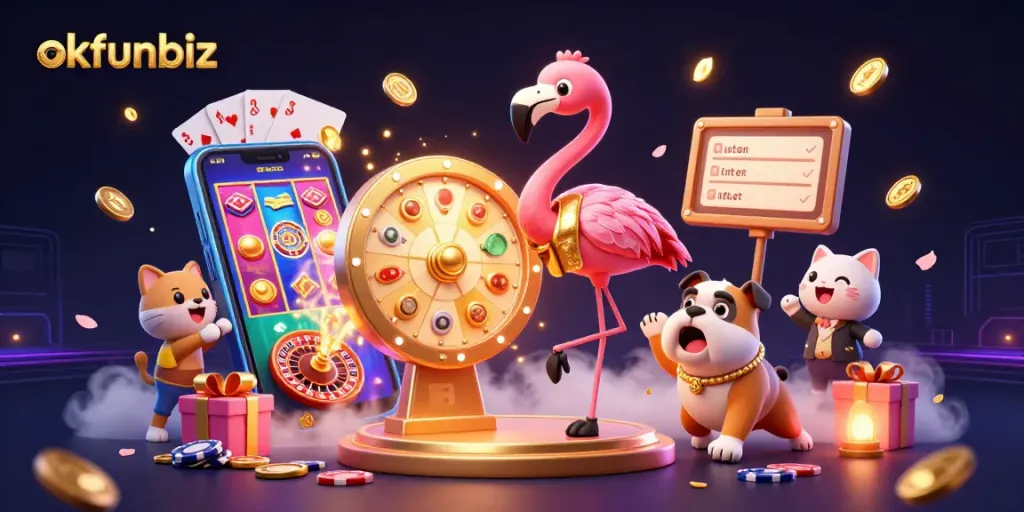 Spin and win with okfunbiz's exciting game show scene featuring vibrant prizes and engaging characters