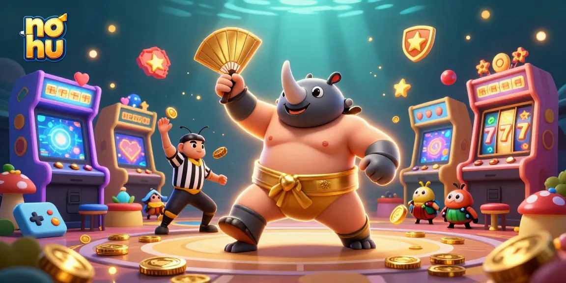 Spin the reels with no hu, as a sumo beetle sends golden coins flying in a vibrant casino game scene.