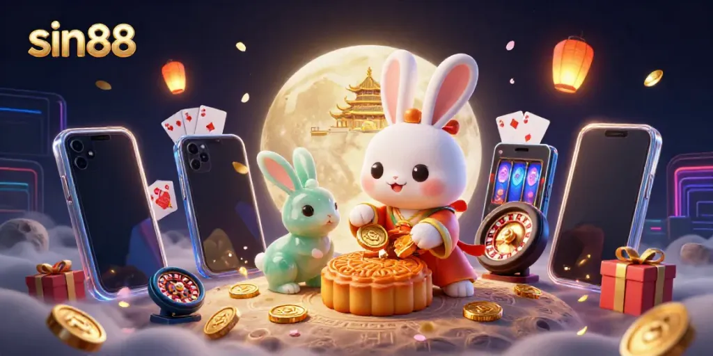 sin88 showcases a 3D moon rabbit revealing poker chips, illustrating a vibrant casino atmosphere.