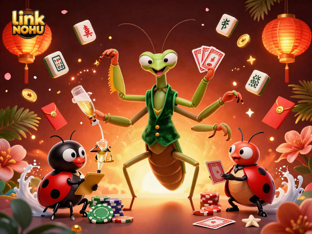 Experience the thrill with link NOHU as our mantis dealer shuffles cards and pours champagne in a bustling casino.