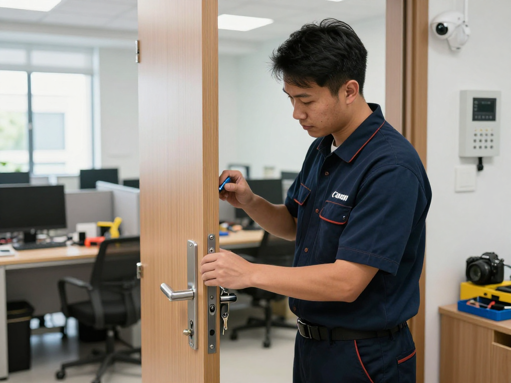 Commercial locksmith Port St. Lucie installing high-security deadbolt in an office with natural light.
