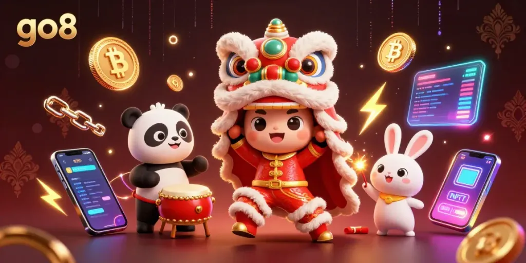 Experience thrilling gameplay with go8 in a lively casino scene featuring animated characters.