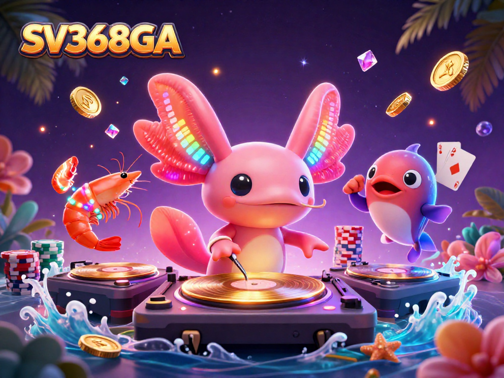 Experience SV368GA's vibrant casino scene with an axolotl DJ and exciting game elements.