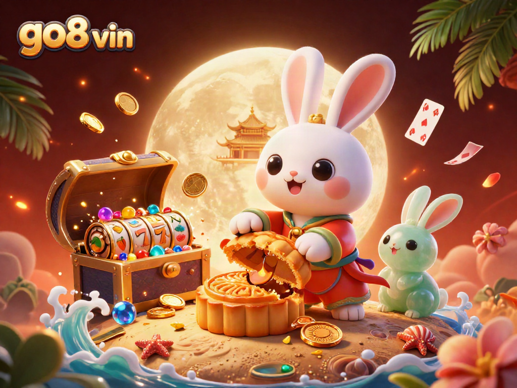 Win big with go8 vin in a vibrant 3D scene of a moon rabbit and golden mooncakes.