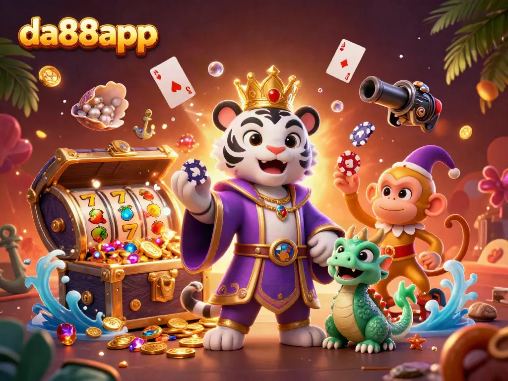 Experience excitement at da88app with a 3D casino scene featuring a tiger, monkey, and jade dragon.