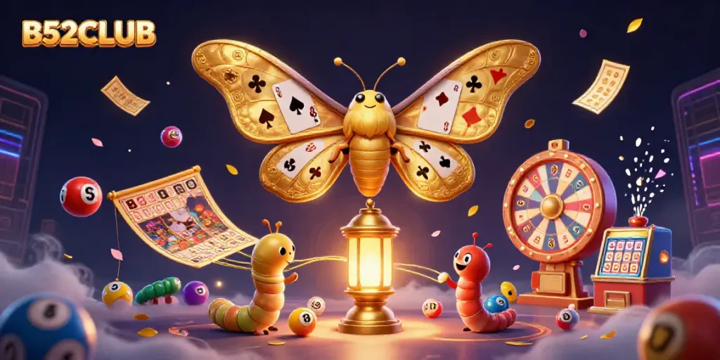 B52CLUB captivates players with vibrant colors and dynamic casino elements in a stunning illustration.