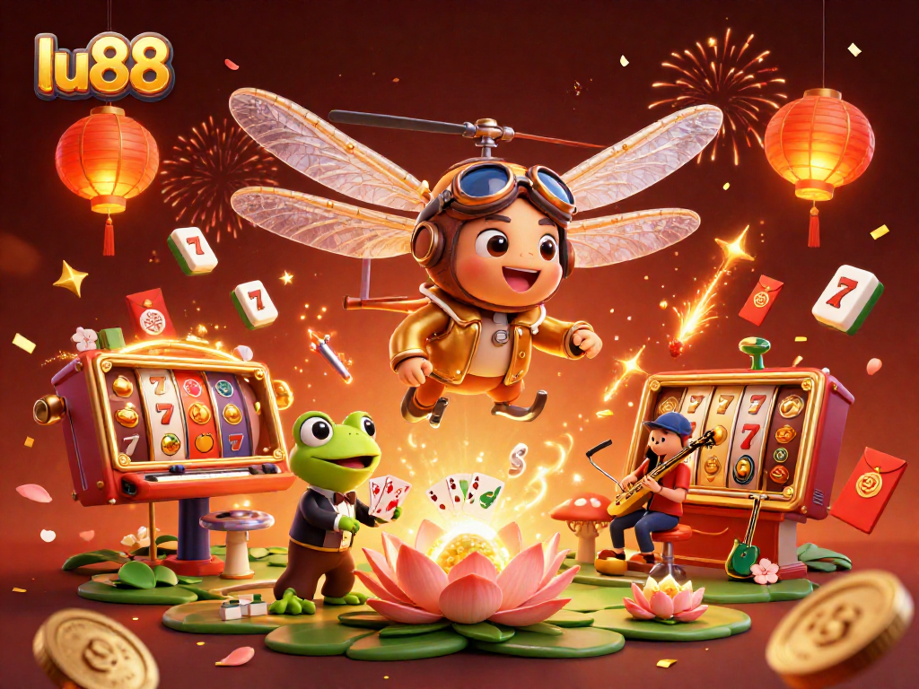 Spin winning slots at lu88 while enjoying a vibrant scene of a dragonfly pilot and a frog croupier.