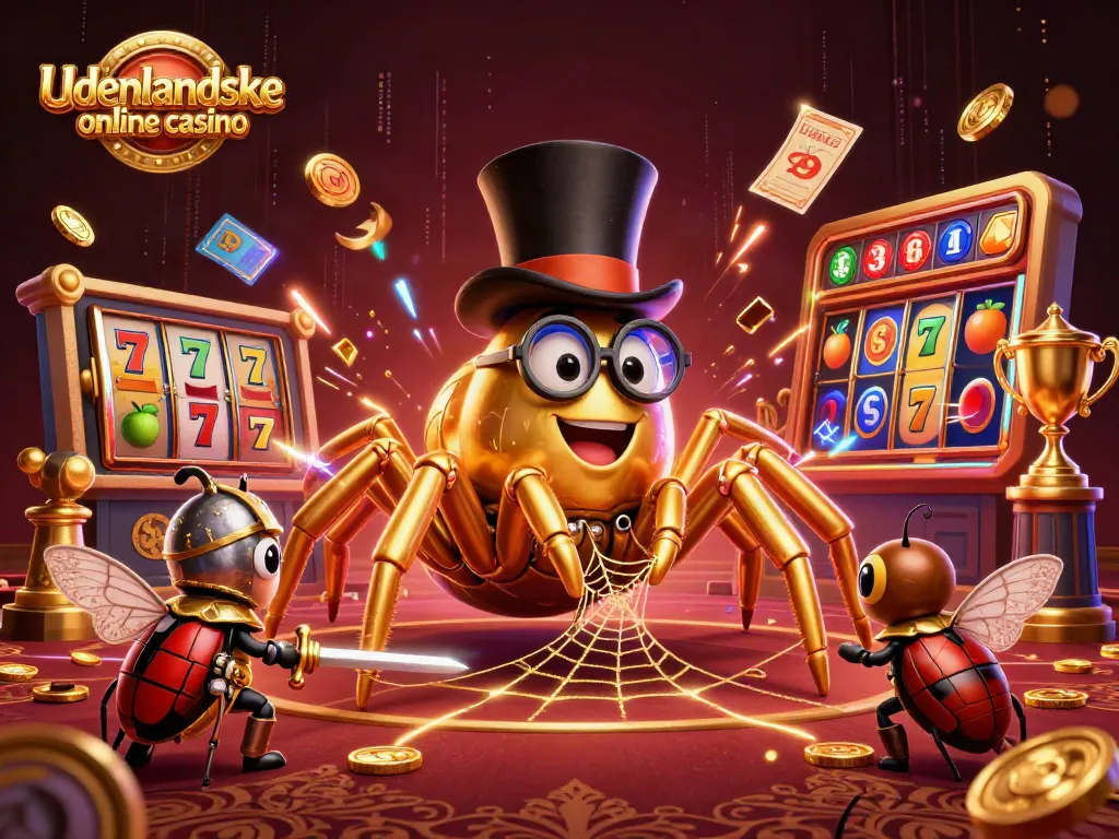 Engaging scene of udenlandske online casino with a golden tarantula and beetle knight amidst vibrant slot reels