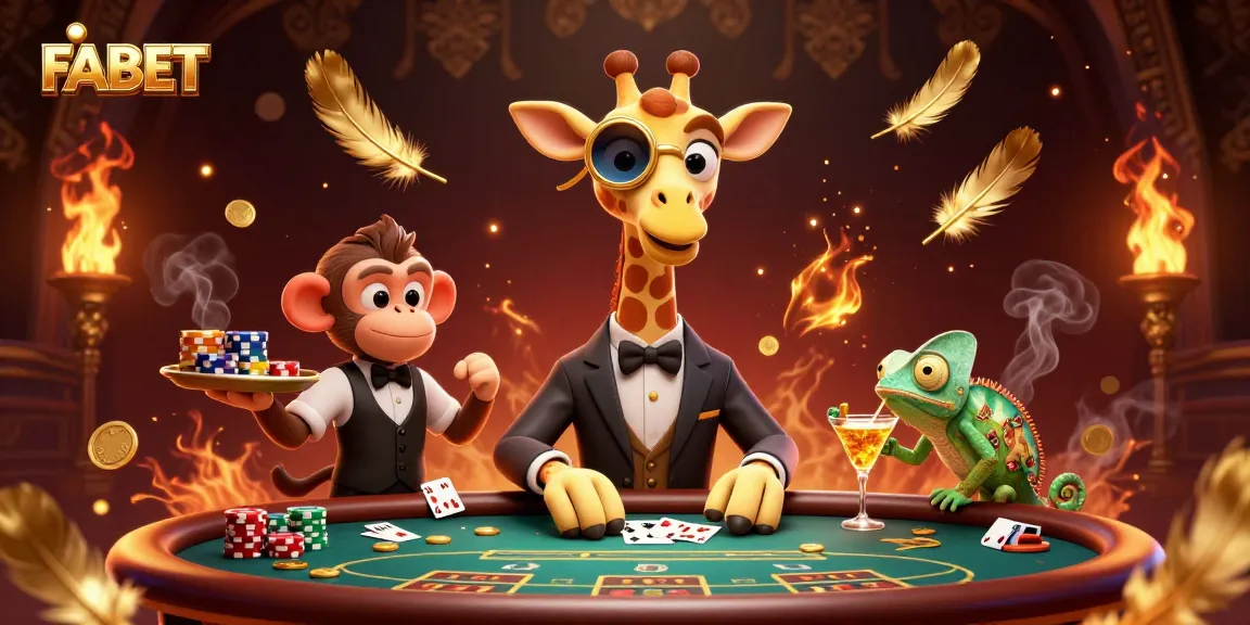 Engaging FABET gambling scene featuring animated giraffe, monkey valet, and chameleon bartender around a vibrant poker table.