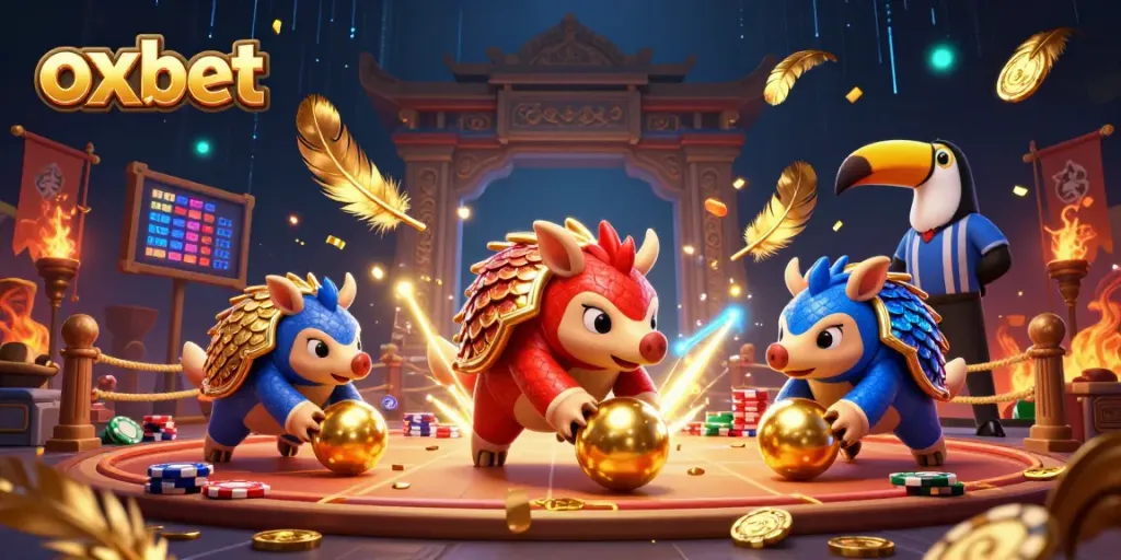 Experience thrill at oxbet with dynamic pangolin duel in a vibrant casino scene.