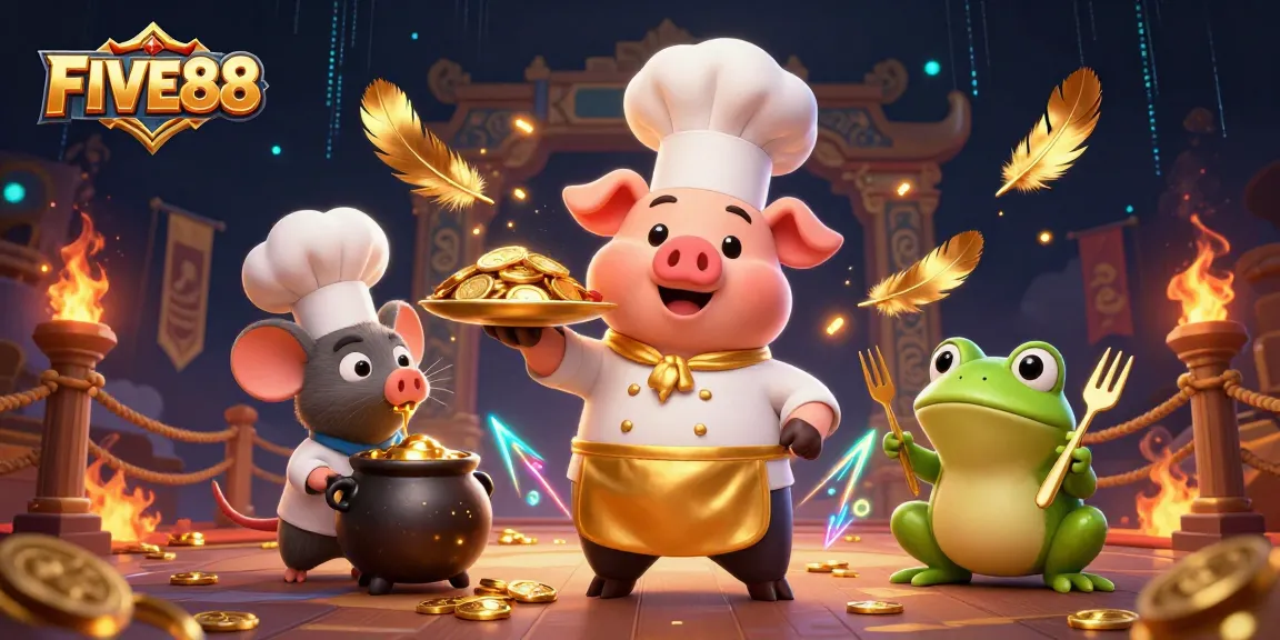 FIVE88 Casino scene featuring a pig chef serving gold coins, vibrant and richly detailed game elements.