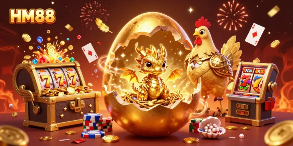 Experience the thrill of HM88 with a stunning dragon and poker elements in a rich casino atmosphere.
