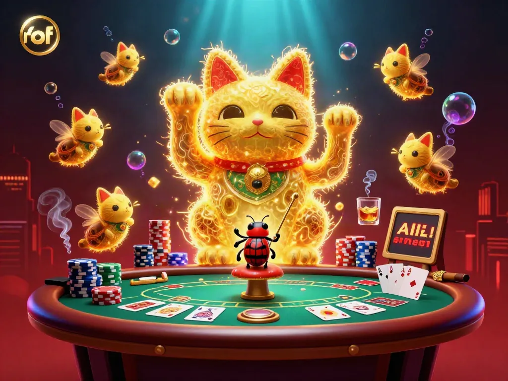 Experience vibrant gambling action as fabet's lucky cat emerges amidst dazzling casino symbols.
