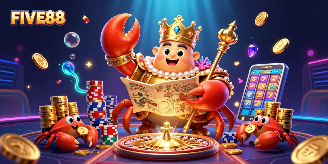 Experience thrilling gaming adventures at FIVE88 with a vibrant scene depicting a golden crab emperor amidst dynamic casino elements.