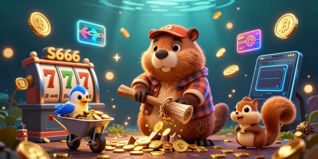 S666 showcases a vibrant 3D scene with a playful lumberjack beaver surrounded by coins and slot elements.