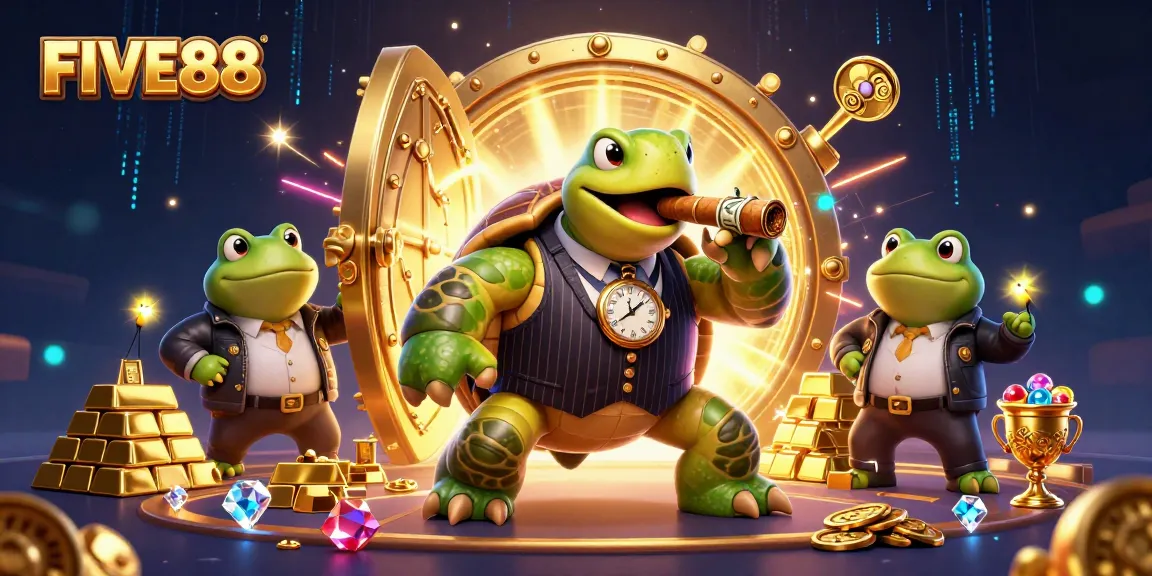 Join the fun at FIVE88 with vibrant characters and engaging games in a bustling casino scene.