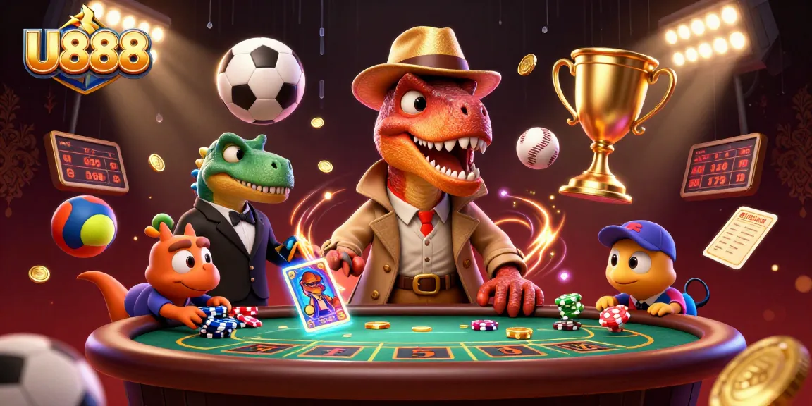 U888’s cartoon velociraptor and friends engaging in thrilling blackjack at a lively casino table.