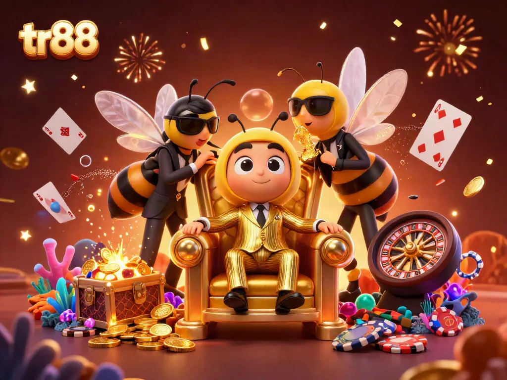 Engage with the vibrant world of tr88 as a cartoon bumblebee mob boss in a casino setting, surrounded by gaming treasures.