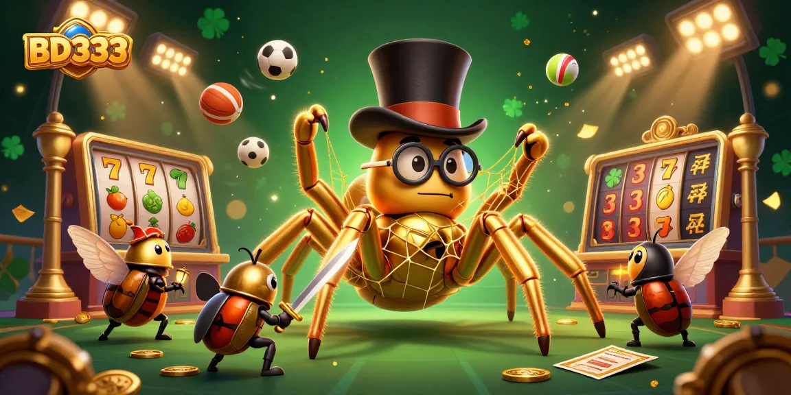 Experience thrilling gameplay with BD333 as a golden tarantula weaves through vibrant casino elements.