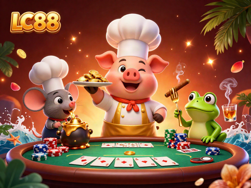 Experience lively gaming with LC88, featuring characters amidst poker excitement and golden treasures.