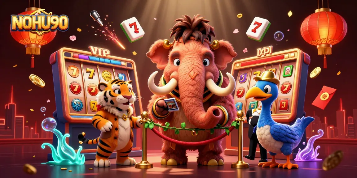 Experience excitement at NOHU90 with a lively scene of a woolly mammoth bouncer, VIP saber-tooth, and dodo doorman.