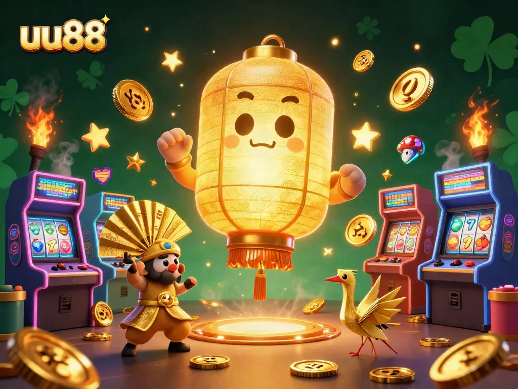 uu88 showcases a vibrant gaming scene with a floating golden lantern and dynamic casino elements.