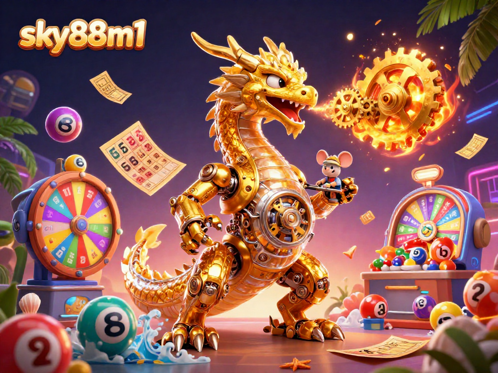 Experience excitement at sky88m1 with a vibrant scene of a dragon amidst lottery elements.