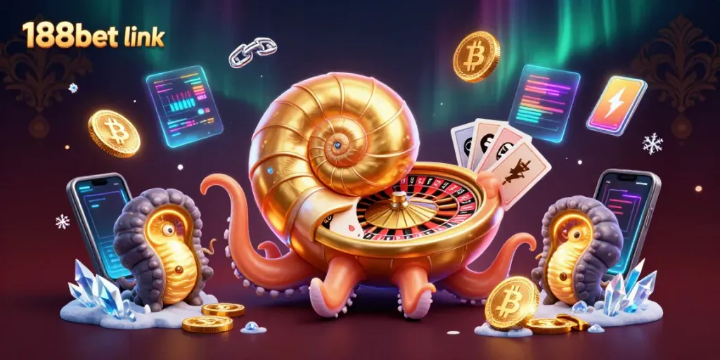 Engage in thrilling games with the 188bet link, featuring a giant nautilus roulette wheel and glowing cryptocurrency.